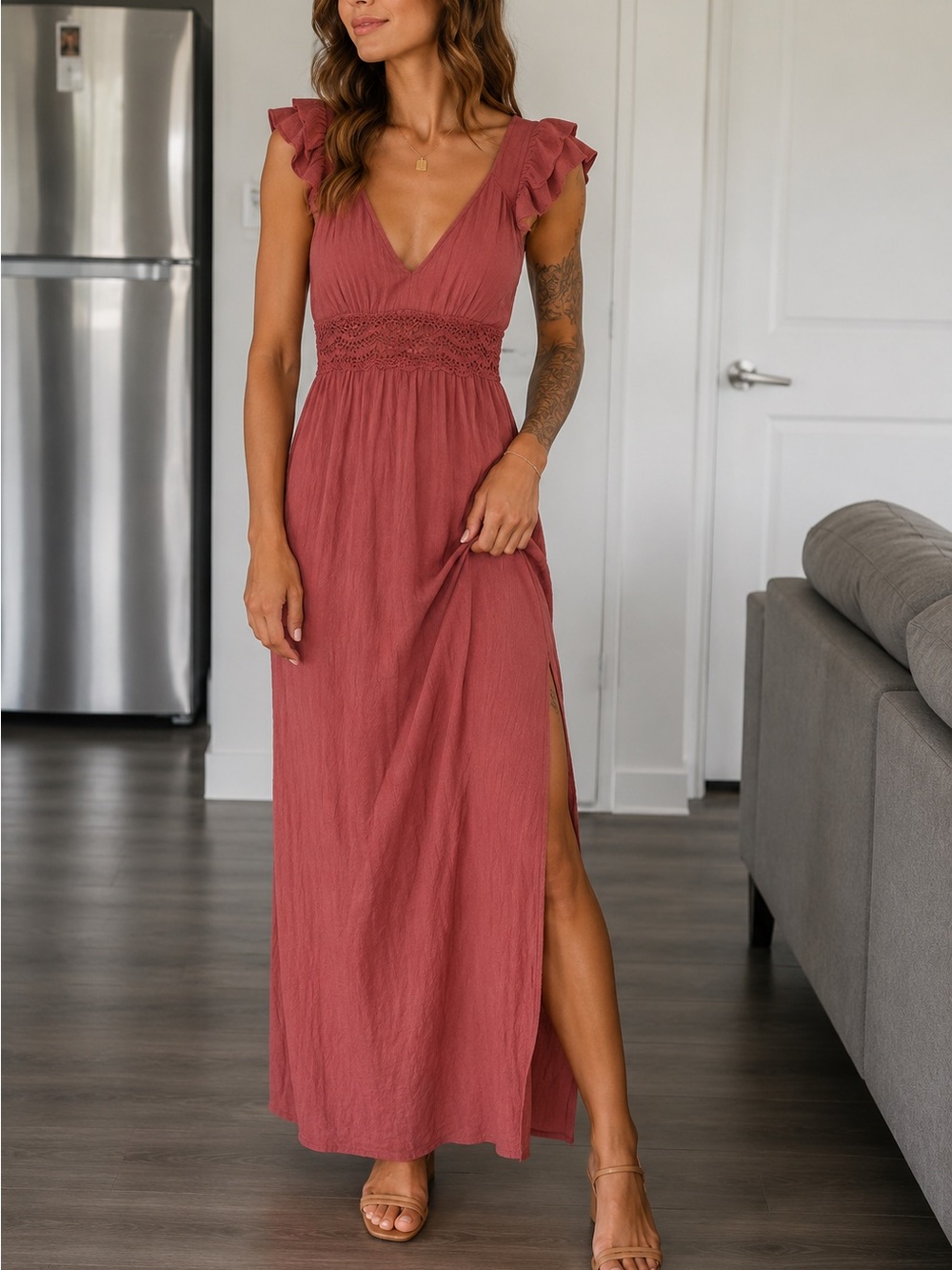 Japna Rose Mauve Ruffled Sleeve Maxi Dress